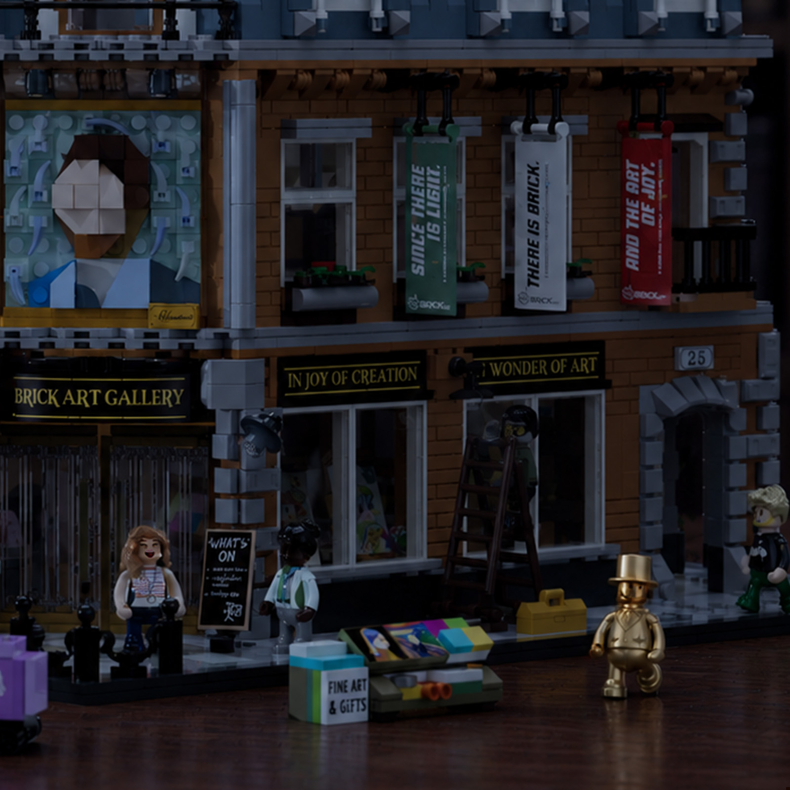A quiet brick street with dark windows at night