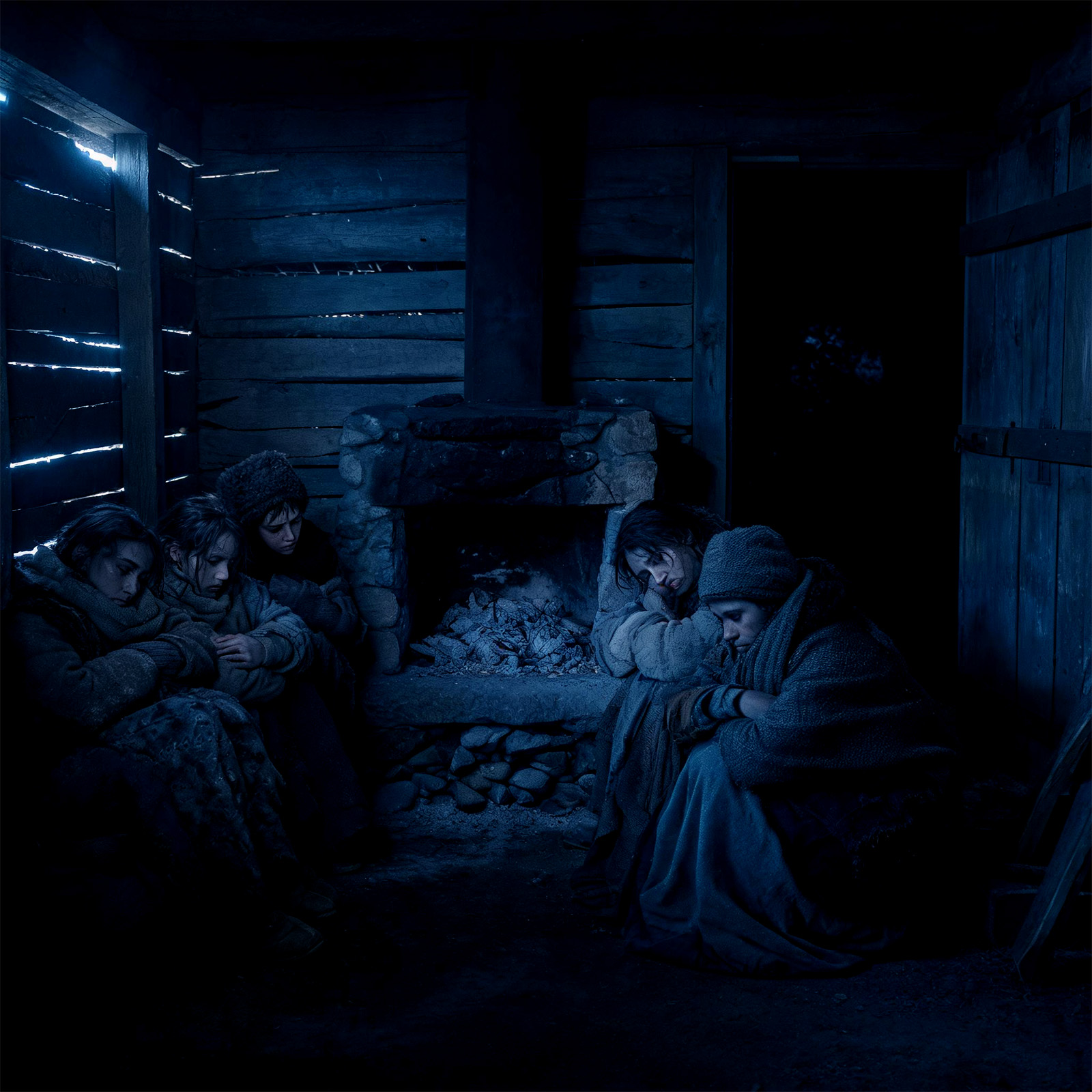 A cold stone home with an unlit hearth on a winter night